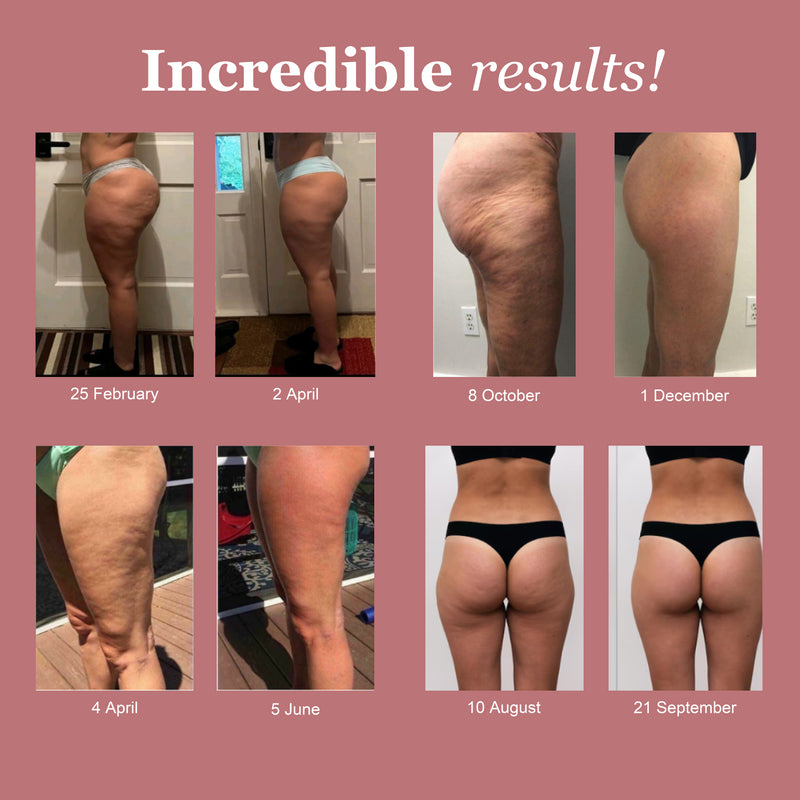 Before-and-after customer image with pink LUMIVE leggings